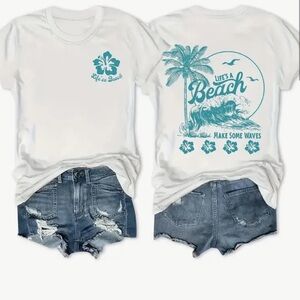 Floral Graphic Print T-shirt Short Sleeve Crew Neck Says “Life’s a Beach” SizeXL